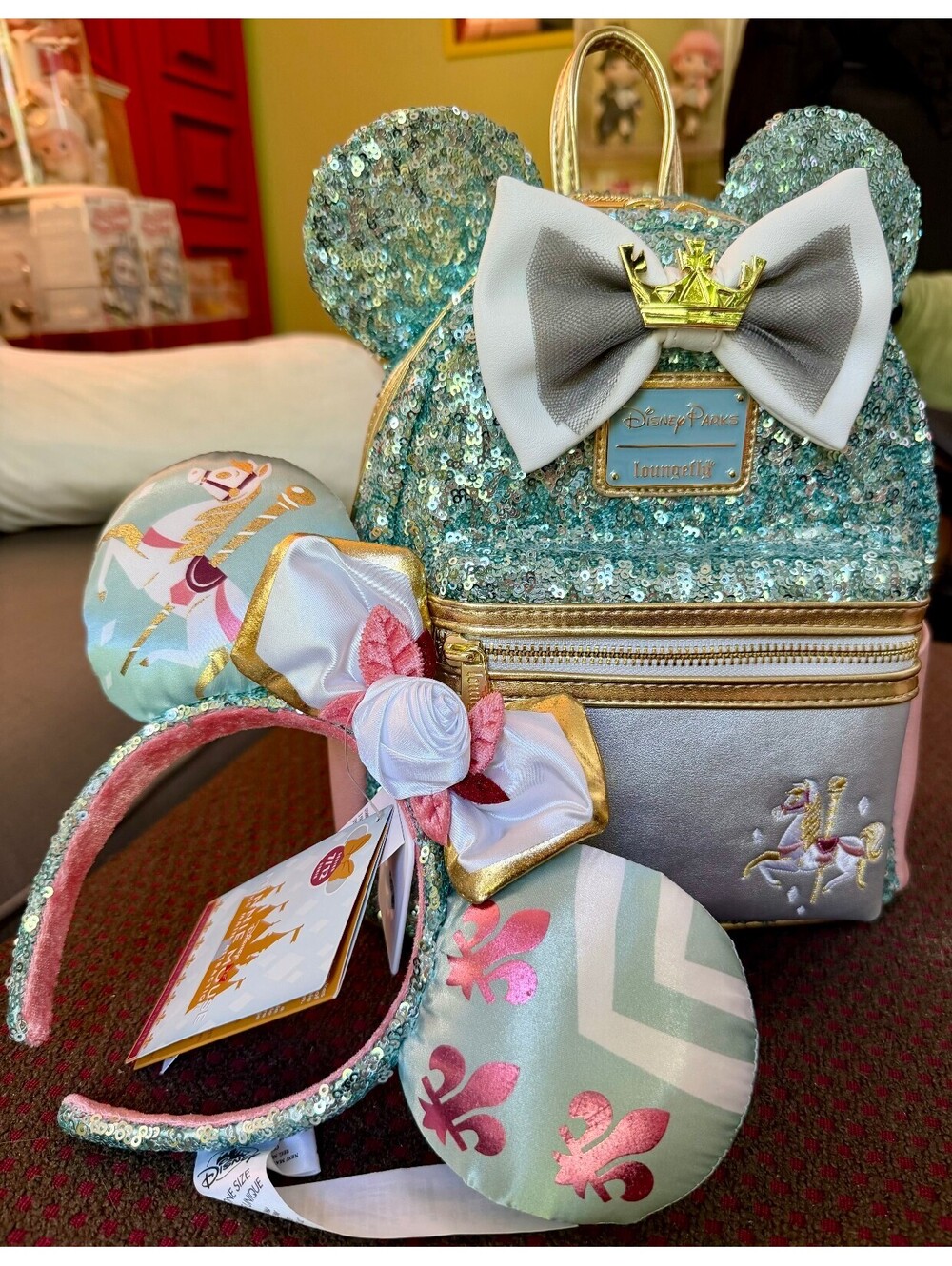 Loungefly Minnie Main Attraction King Arthur Carrousel Backpack + Ears SET NWT